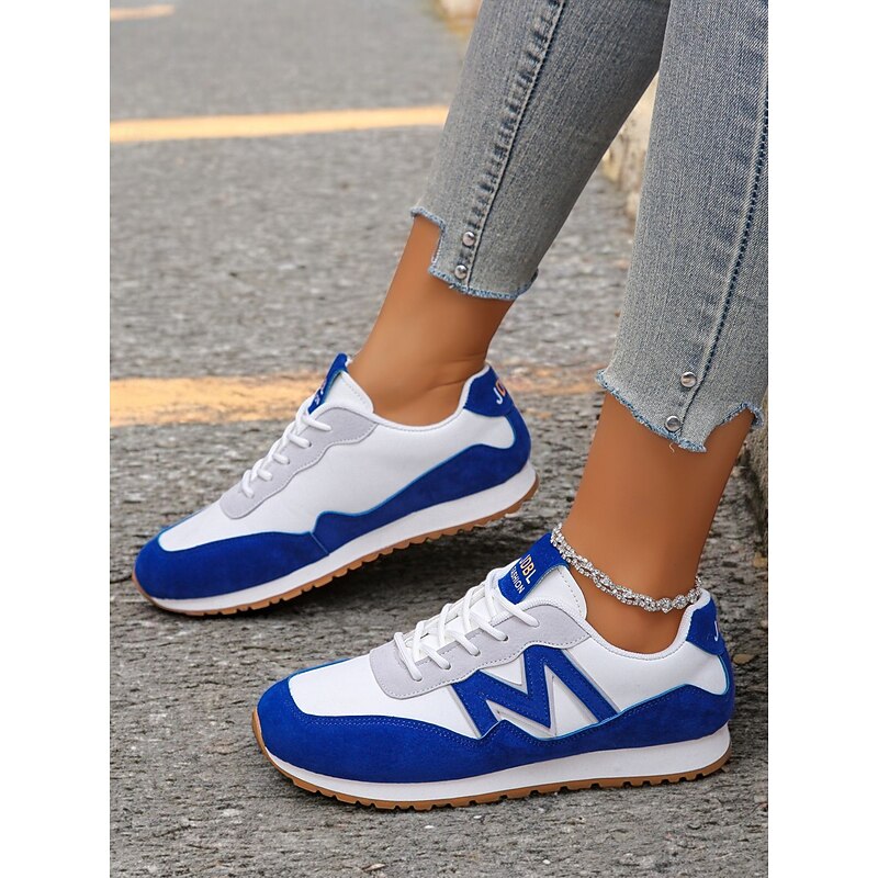 Women's Royal Blue Retro Lace-Up Sneakers with Faux Suede Accents – Lightweight Casual Shoes for Everyday Wear and Outdoor Activities