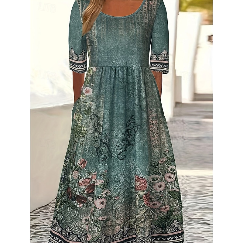 Women's Maxi Dress Casual Dress Swing Dress A Line Dress Boho Dress Casual Daily Fall Dress Regular Fit Floral Short Sleeve V Neck Black Red Navy Blue Royal Blue Spring Fall3