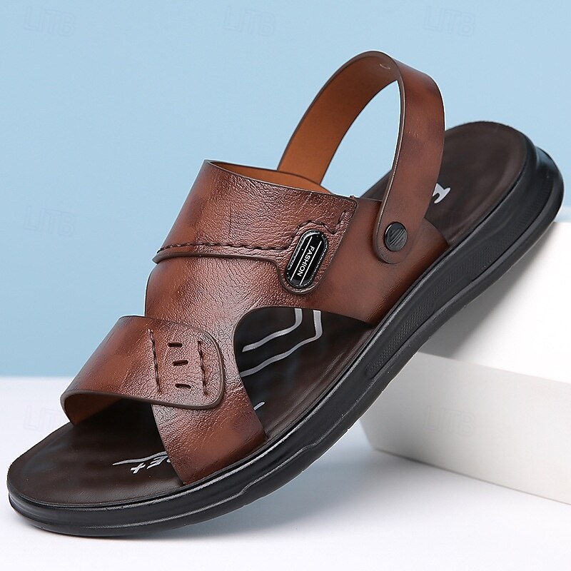 Men's Brown Faux Leather Sandals – Adjustable Slingback Strap, Comfortable Sole, Casual Summer Footwear for Beach and Outdoor Use