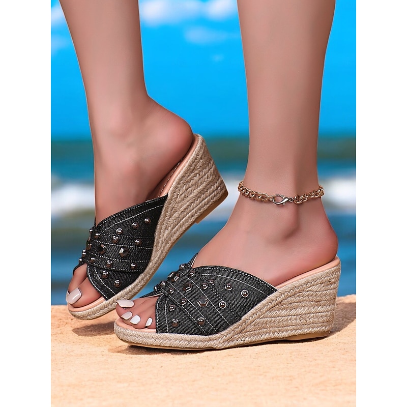 Women's Wedge Sandals with Studded Denim Design and Open-Toe – Comfortable Casual Footwear for Summer, Beach and Vacation2