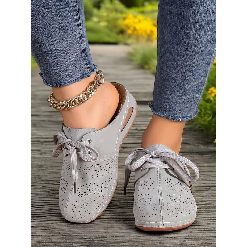 Women's Perforated Wedge Mules with Soft Sole and Decorative Stitching – Casual Vintage Shoes for Daily Wear and Outdoor Activities - Main Image