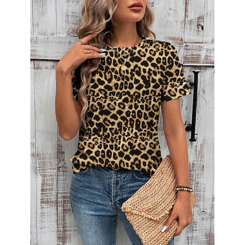 Women's T Shirt Leopard Casual Short Sleeve Round Neck Regular Tops Daily Print Brown Summer2