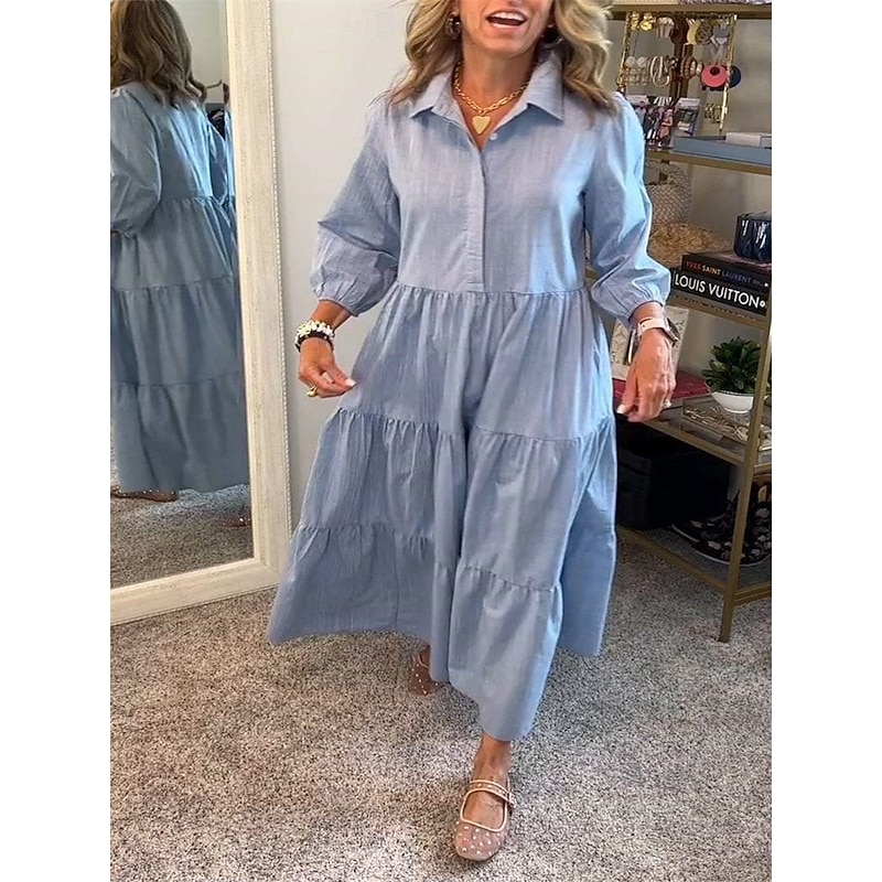 Women's Long Dress Maxi Dress Cotton Linen Dresses Shirt Dress Casual Dress Stylish Basic Casual Vacation Daily Loose Fit Plain Long Sleeve Shirt Collar White Green Dark Gray Light Blue Spring Fall4
