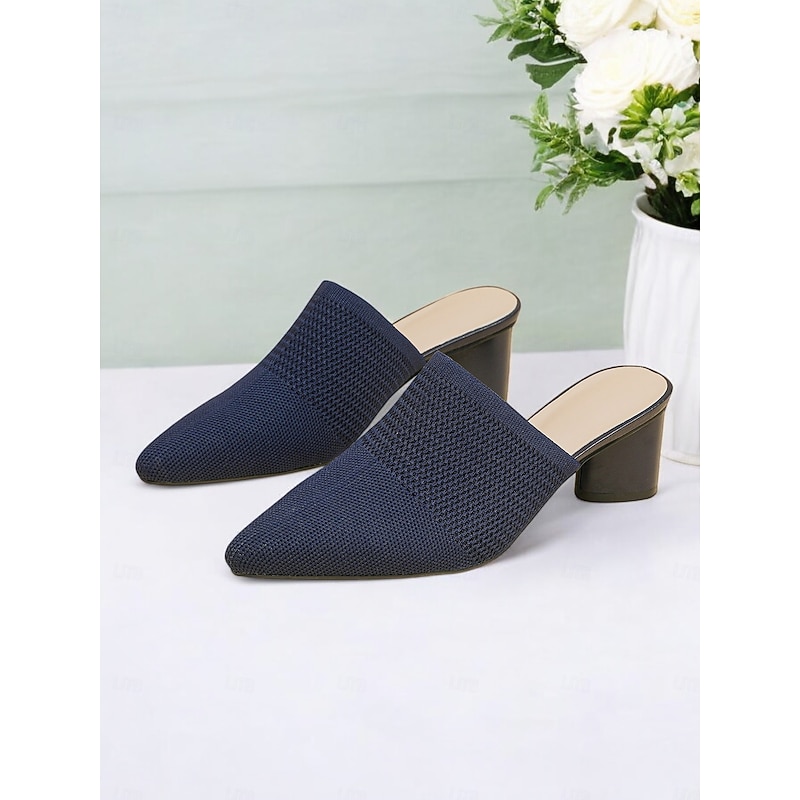 Women's Knit Pointed-Toe Mules with Block Heels – Elegant and Comfortable Shoes for Office Wear and Formal Events