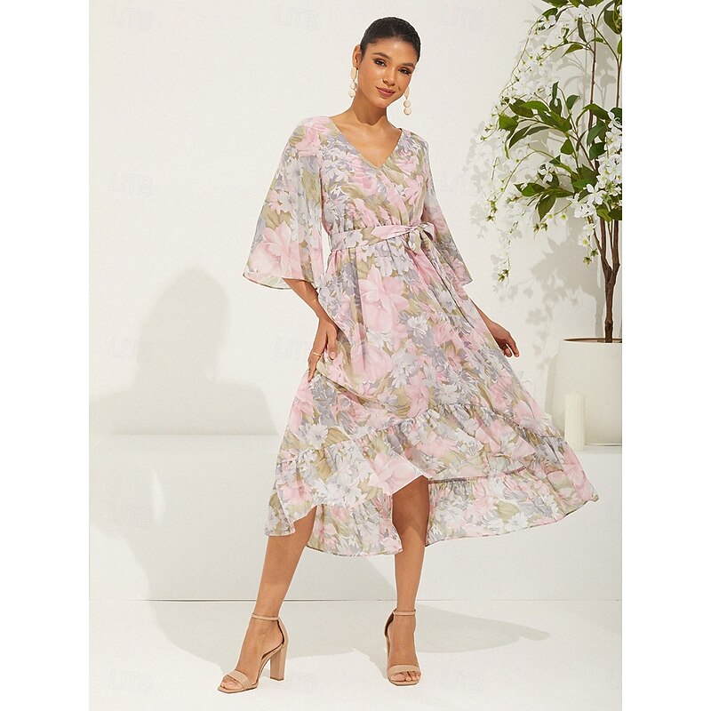 Women's Long Dress Maxi Dress Chiffon Dress Elegant Stylish Flutter Sleeve Wedding Vacation Daily Loose Fit Floral 3/4 Length Sleeve V Neck Pink Summer Spring Fall4