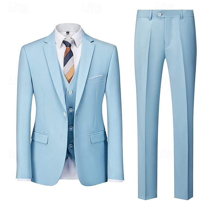 Men's Wedding Suits Sky Blue Light Grey Solid Colored Standard Fit 3 Piece Single Breasted One-button3