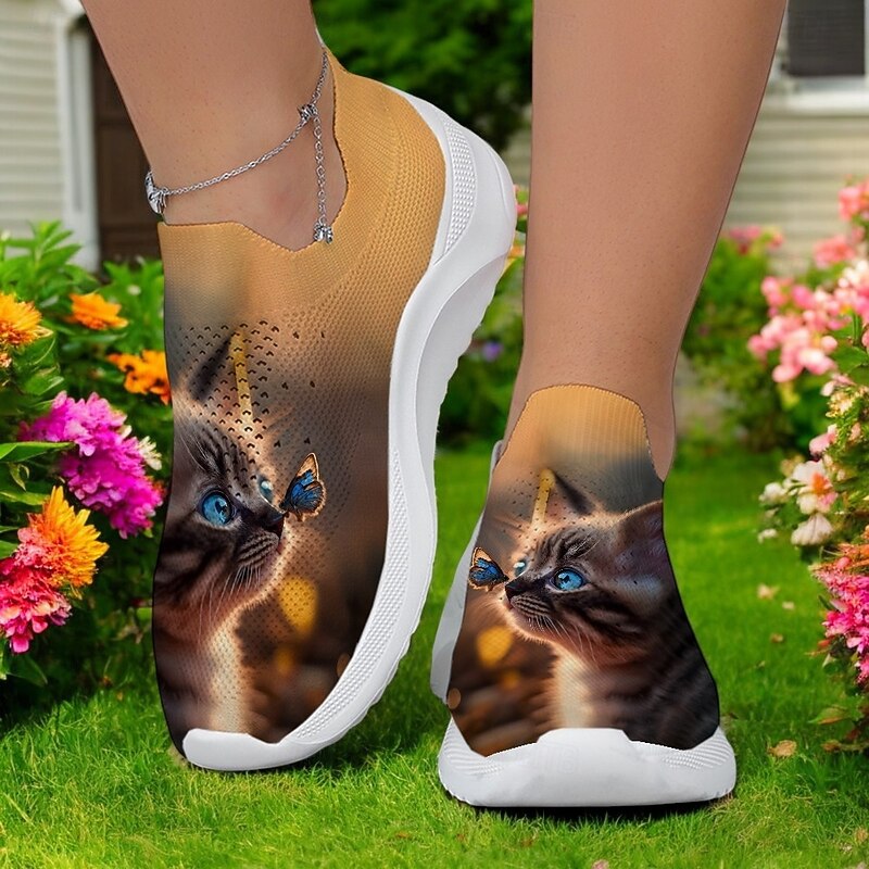 Women's Cat and Butterfly Print Flyknit Sneakers - Breathable Lightweight Casual Shoes for Everyday and Outdoor Activities4