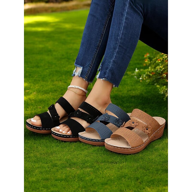 Women's Brown Perforated Wedge Sandals with Floral Accents and Open Toe Design - Comfortable Summer Footwear for Casual Outings and Daily Wear