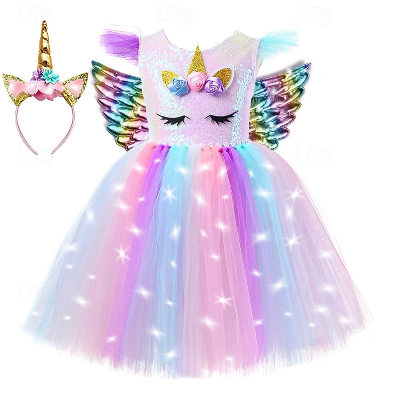 Kids Girls' Party Dress Rainbow Unicorn Sleeveless Performance Birthday Mesh Beautiful Sweet Polyester Knee-length Party Dress A Line Dress Tulle Dress Summer 4-12 Years Multicolor Pink Purple