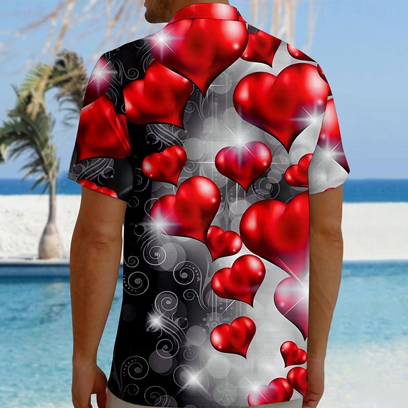 Valentine's Day Men's Heart LOVE Gradient Color Shirt Button Up Shirt Short Sleeve Fashion Casual Vacation Gift Holiday Summer Fall Turndown 3D Print Violet Dark Red Blue 1# Red Light Black2