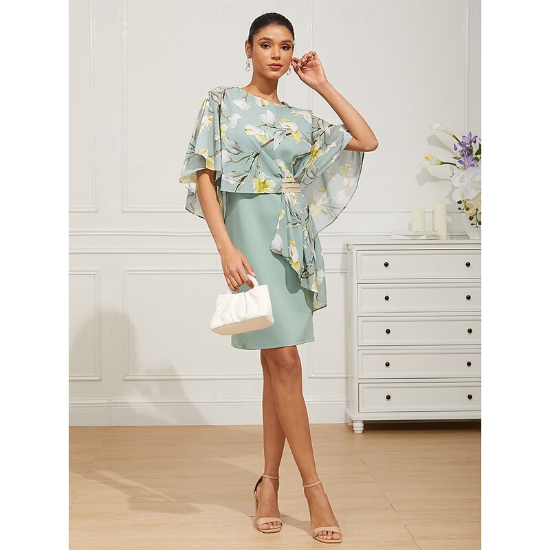 Women's Knee Length Dress Wedding Guest Dress Chiffon Dress Elegant Formal Wedding Guest Form Fit Floral Half Sleeve Crew Neck Light Green Summer Spring Fall4
