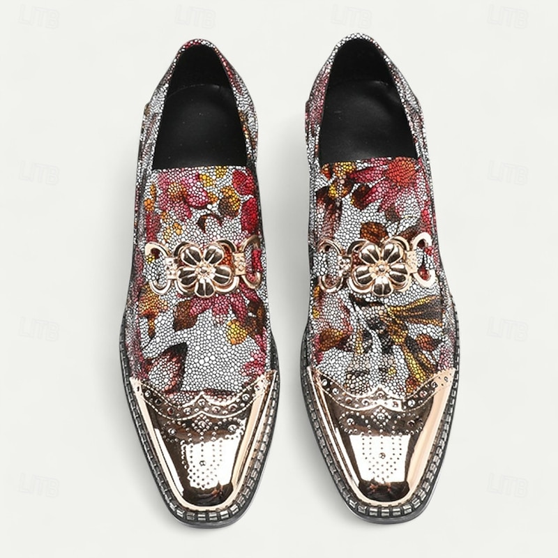 Men's Floral Print Leather Loafers – Premium Cowhide Slip-On Dress Shoes with Metal Chain and Shiny Toe Cap for Parties and Formal Occasions4