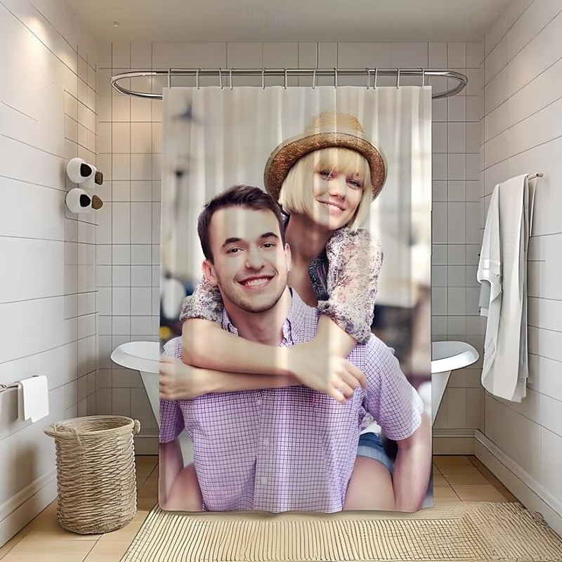 Personalized Photo Shower Curtain with 12 Hooks Custom Wedding Gift for Couple Bathroom Decor Fabric Waterproof Washable Upload Your Image Photo Picture for Bathroom Hotel4