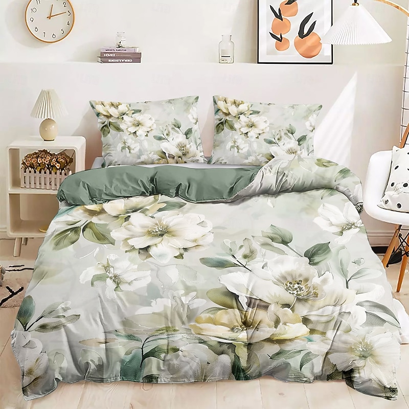 100% Cotton White Flower Plush Cloth Duvet Cover 3-Piece Set for Summer Soft Skin Friendly Long Lasting Comfy Lightweight2