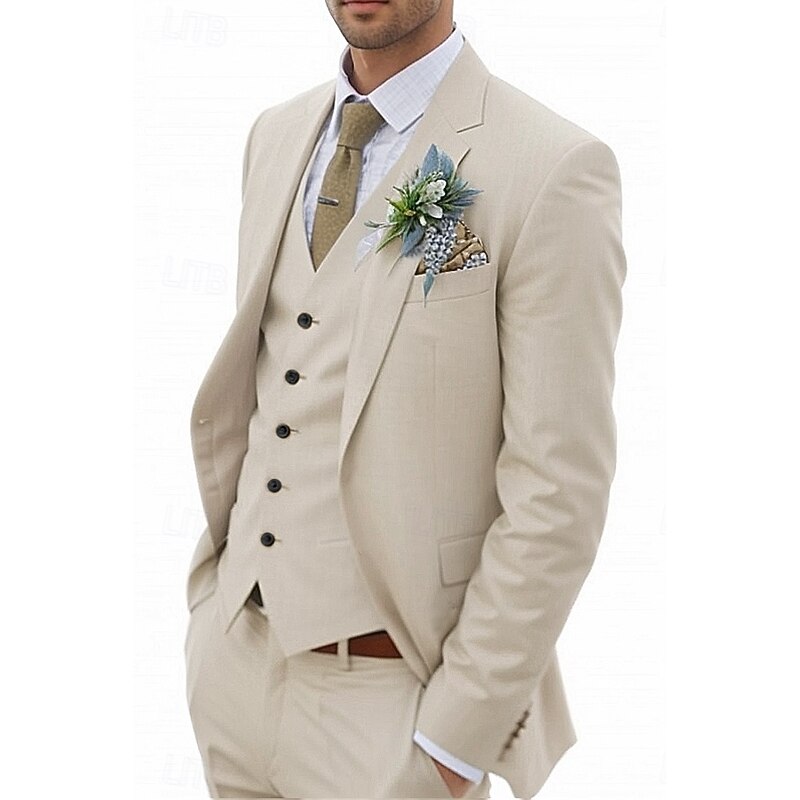 Men's Wedding Linen Suits Notch Sky Blue Sage Solid Colored Tailored Fit 3 Piece Single Breasted One-button4