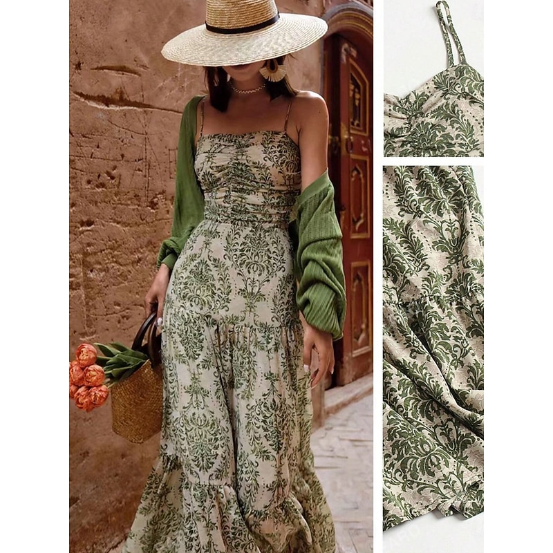 Women's Maxi Dress Casual Dress Swing Dress Slip Dress Boho Dress Bohemia Stylish Casual Vacation Daily Beach Loose Fit Floral Sleeveless Strap Green Summer Spring