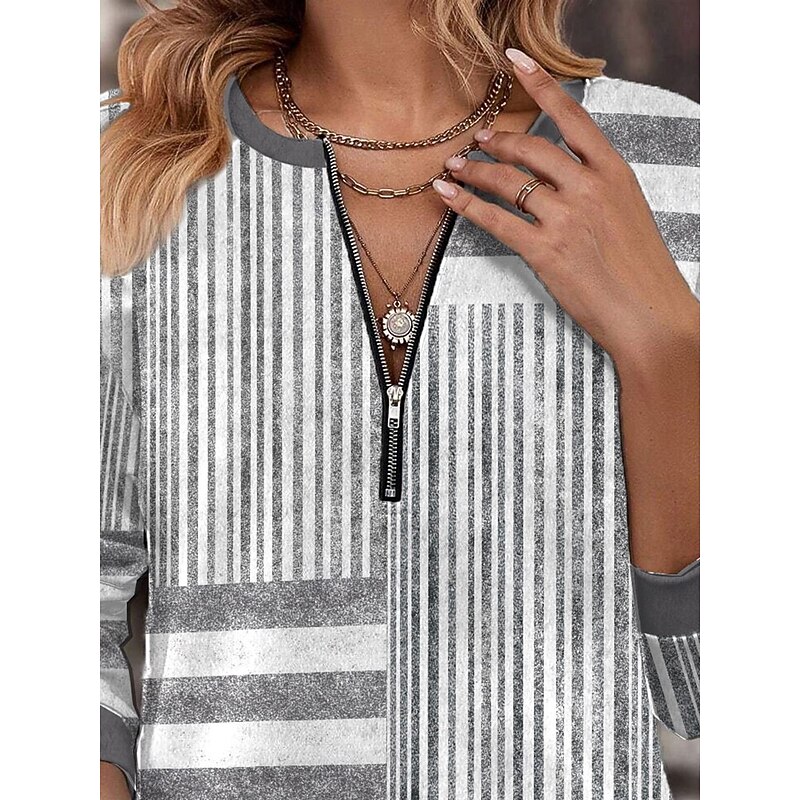 Women's Quarter Zipper Sweater Geometric Striped Casual Long Sleeve Crew Neck Regular Tops Street Dailywear Print Gray Fall Winter3