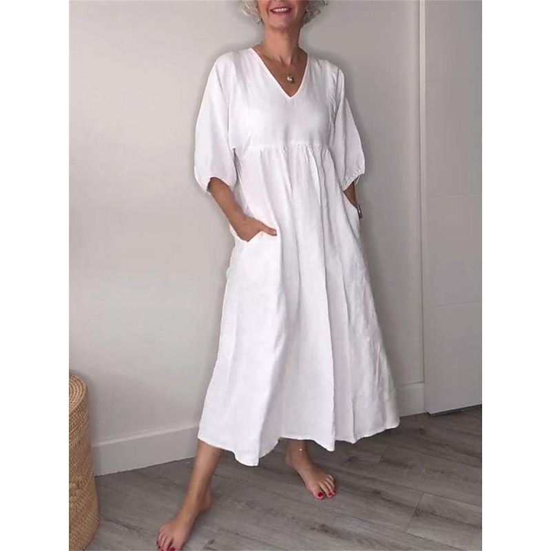Women's Midi Dress Linen-Inspired Dresses Casual Dress Elegant Stylish Casual Vacation Daily Regular Fit Plain 3/4 Length Sleeve V Neck Black White Blue Gray Spring Fall4