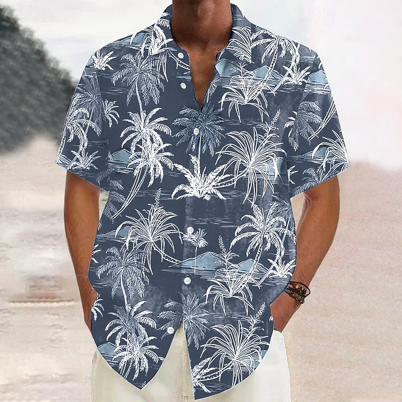 Men's Linen Shirt Beach Shirt Summer Hawaiian Shirt Button Up Shirt Coconut Tree Vacation Hawaiian White Green Khaki Dark Blue Short Sleeve Lapel Spring & Summer Clothing Apparel Print4