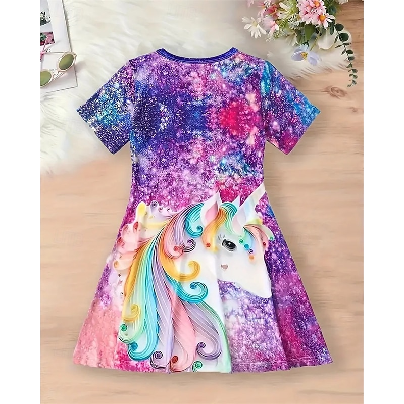 Girls' 3D Graphic Unicorn Dress Short Sleeve Summer Spring Vacation Daily Holiday Princess Beautiful Sweet Kids 4-12 Years Casual Dress Knee-length Regular Fit3