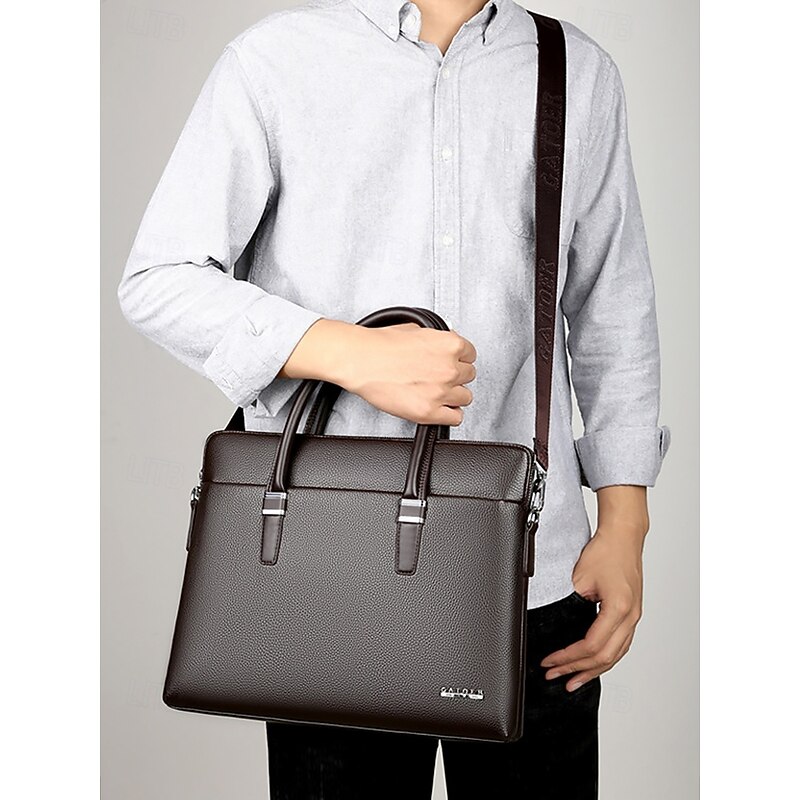 Men's Faux Leather Business Briefcase with Detachable Shoulder Strap – Professional Laptop Bag for Office and Travel Black Brown3
