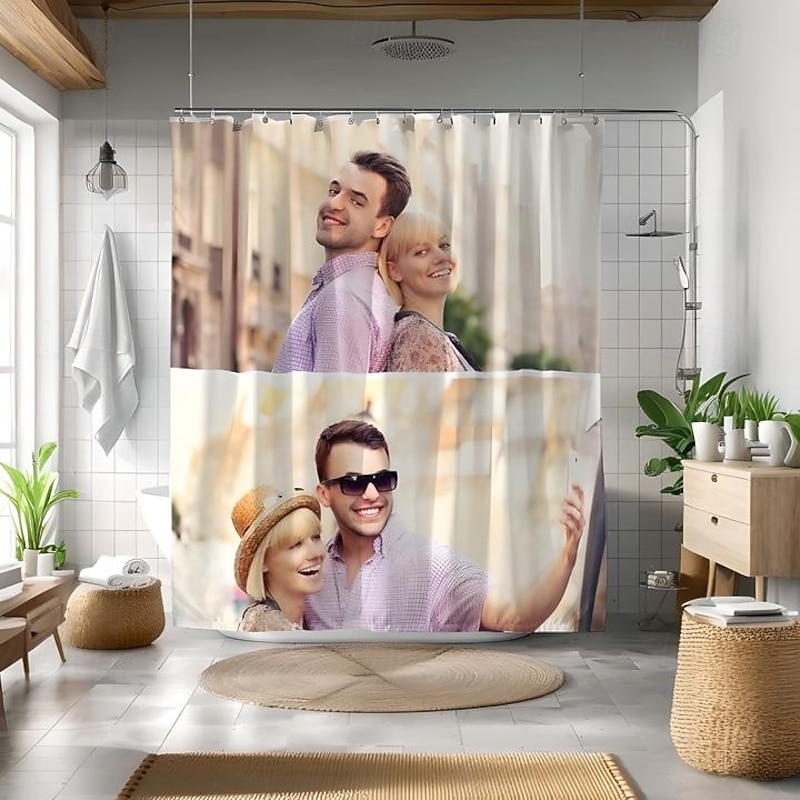Personalized Photo Shower Curtain with 12 Hooks Custom Wedding Gift for Couple Bathroom Decor Fabric Waterproof Washable Upload Your Image Photo Picture for Bathroom Hotel2