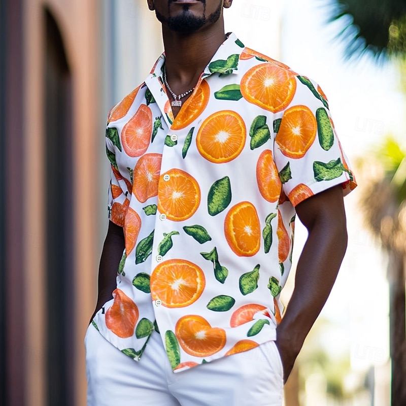 Men's Fruit Orange Summer Hawaiian Shirt Button Up Shirt Aloha Shirt Short Sleeve Hawaiian Resort Vacation Holiday Beach Wear Summer Spring Turndown Collared Shirts White
