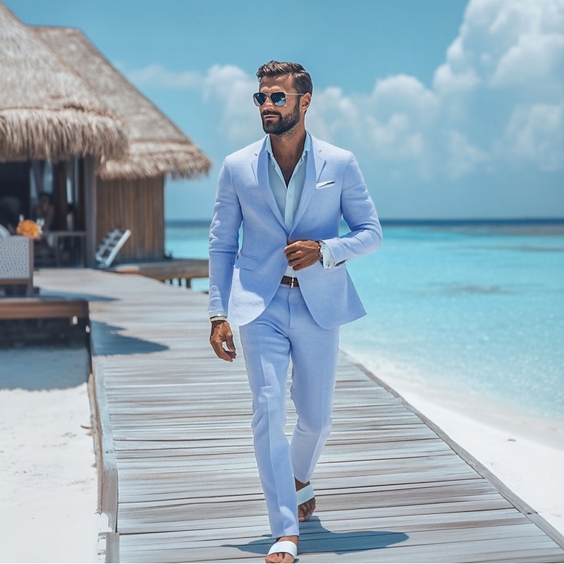 Men's Beach Wedding Linen Suits Notch Lapel Sky Blue Beige Solid Colored Tailored Fit 2 Piece Single Breasted One-button
