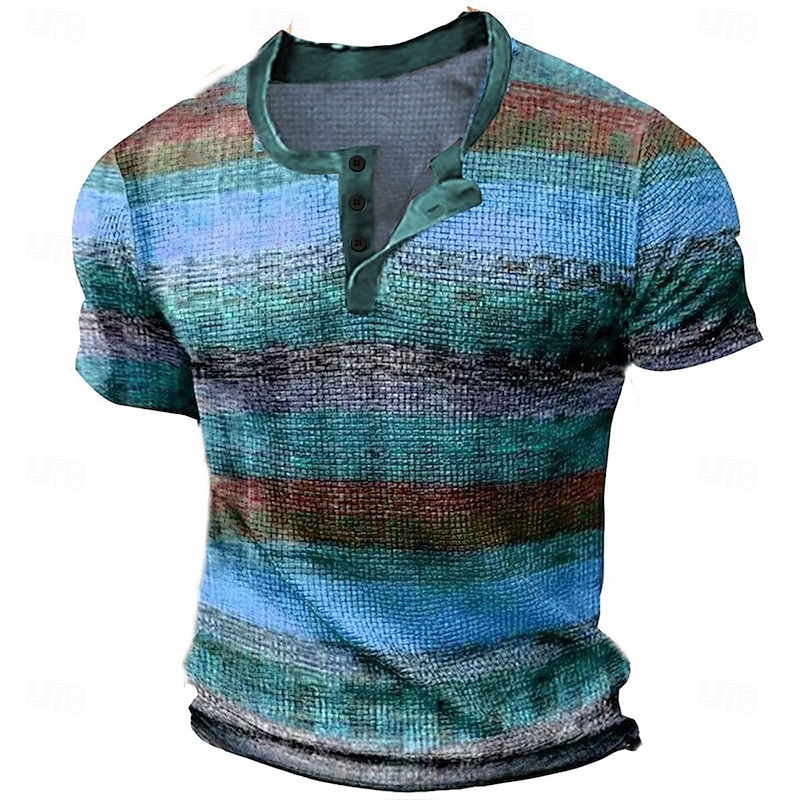 Men's Graphic Color Block Waffle Henley Shirt Tee Short Sleeve 3D Print Vintage Fashion Designer Outdoor Casual Daily Summer Blue Purple Orange Green Henley Henley T-Shirt2