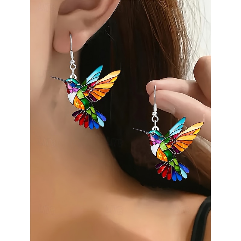 Colorful Hummingbird Dangle Earrings – Lightweight Stained Glass Design for Women, Perfect for Casual, Artistic Occasions and Vacation Wear2