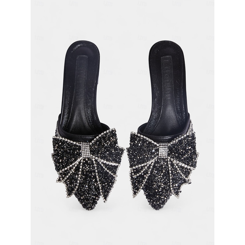 Black Rhinestone-Bow Flat Mules – Perfect for Parties and Wedding