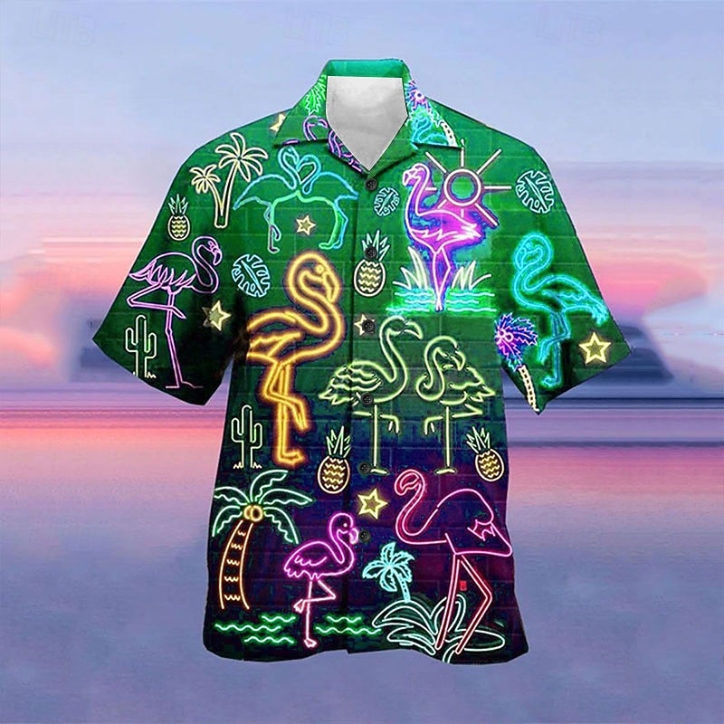 Men's Fluorescent Shirt Summer Hawaiian Shirt Camp Collar Shirt Short Sleeve Shirt Turndown Street Casual 3D Print Yellow Red Light Purple Purple Green 3D Clothing Apparel Fashion Hawaiian Designer2
