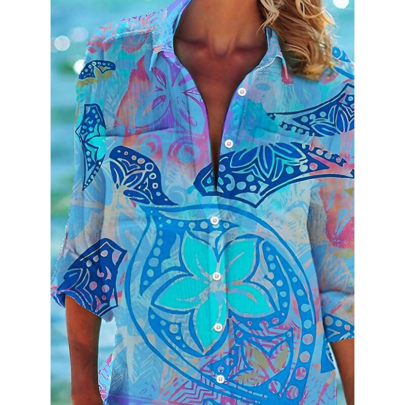 Women's Mini Dress Shirt Dress Hawaiian Shirts Flowy Graphic beach Shirt Long Print Holiday Weekend Light Blue Long Sleeve Vacation collared Shirt Summer Holiday Clothes Beach Wear2