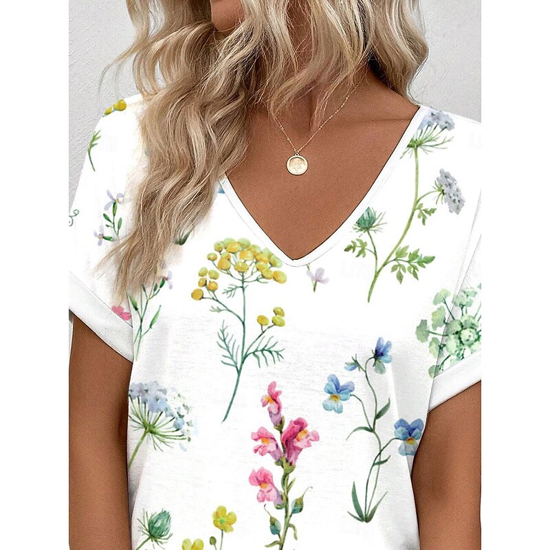 Women's T Shirt Floral Stylish Casual Short Sleeve V Neck Regular Tops Daily Print White Summer2