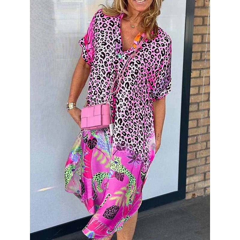 Women's Long Dress Maxi Dress Sundress Summer Dress Vintage Stylish Vacation Daily Loose Fit Graphic Leopard Short Sleeve V Neck Pink Blue Orange Brown Summer4