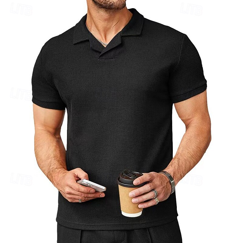 Men's Golf Shirt Waffle Knit Polo Shirt Business Active Cuban Collar Short Sleeve Fashion Modern Solid Color Buttons Summer Spring Regular Fit Black White Blue Khaki Gray Golf Shirt2