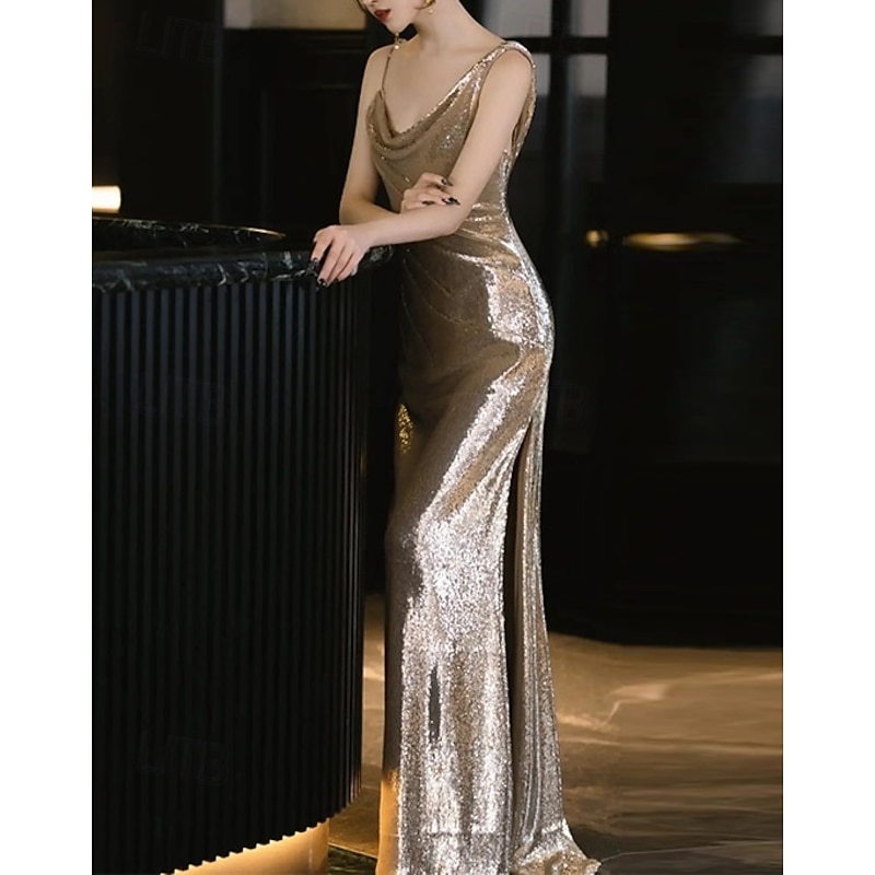 Sheath / Column Prom Dresses Glittering Dress Formal Wedding Floor Length Sleeveless Cowl Neck Polyester with Glitter4