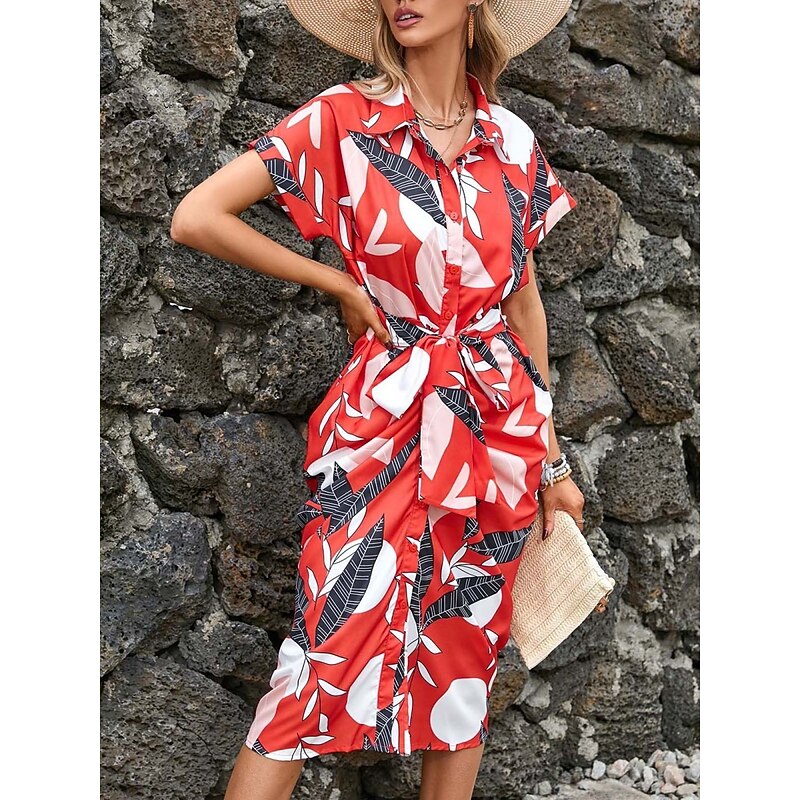 Women's Midi Dress Casual Dress A Line Dress Stylish Casual Vacation Daily Regular Fit Floral Leaf Short Sleeve Shirt Collar Red Green Summer3