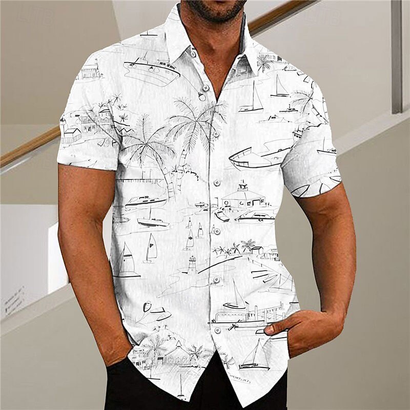 Men's Coconut Tree Graffiti Tropical Plants Shirt Summer Hawaiian Shirt Aloha Shirt Short Sleeve Shirt Turndown Fashion Designer Casual Outdoor Street Casual White Yellow Light Green Print S M L