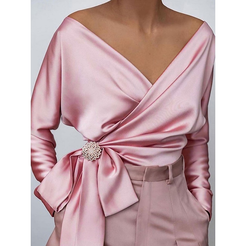 Women's Blouse Solid Color Elegant Sports Daily Long Sleeve V Neck Regular Tops Daily Tie Front Pink Blue Summer Spring Fall