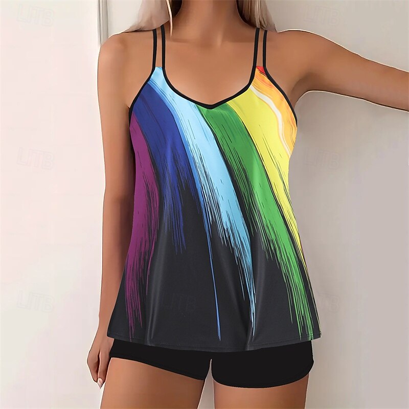 Women's Tankini Two Piece Swimsuit Swimwear Swimwear Yellow Blue Breathable Quick Dry Lightweight Sleeveless - Swimming Surfing Beach Summer Spring Plus Size