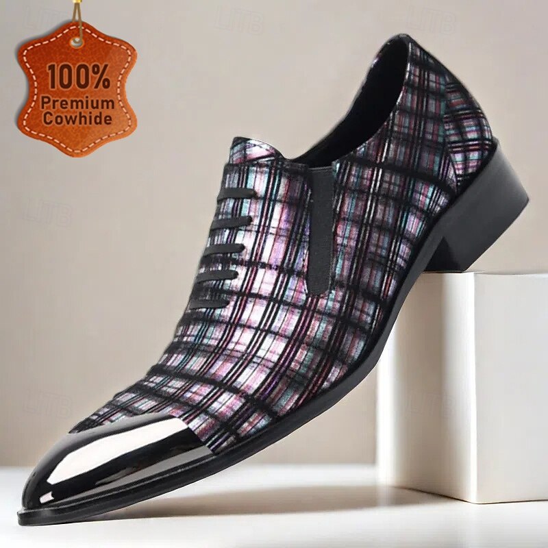 Men's Plaid Leather Lace-Up Oxford Shoes–100% Premium Cowhide with Gold Tip Glossy Toe Cap for Formal Events and Business Wear
