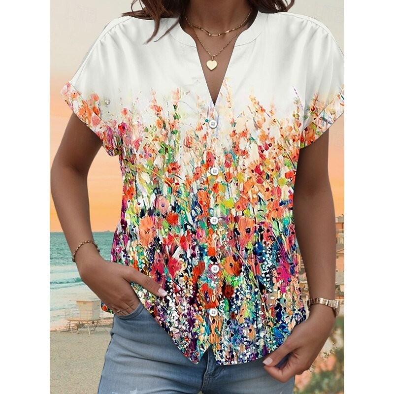 Women's Shirt V Neck Button Down Blouse Floral Graphic Stylish Beach Short Sleeve Shirt Collar Regular Tops Daily Buttons Print Orange Spring Fall