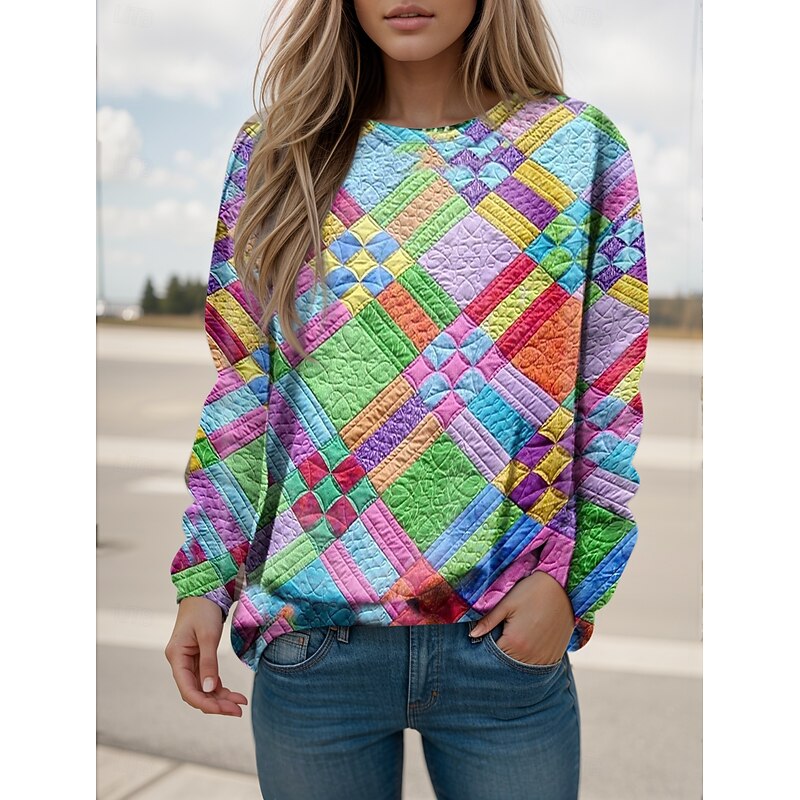 Women's Sweatshirt Geometric Color Block Casual Long Sleeve Round Neck Regular Tops Work Dailywear Casual Print Green Fall Winter3