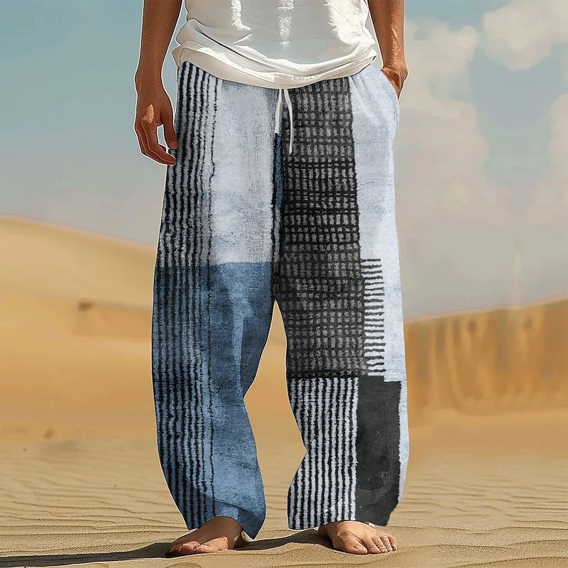 Men's Color Block Patchwork Trousers Casual Pants Drawstring Elastic Waist Hawaiian Ethnic Casual Outdoor Vacation Holiday Side Pockets Straight Leg Trousers Summer Spring Fall 3D Print Blue Brown3