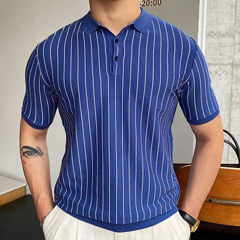 Men's Button Up Polos Golf Shirt Casual Sports Lapel Short Sleeve Fashion Basic Stripes Patchwork Buttons Summer Blue Button Up Polos3