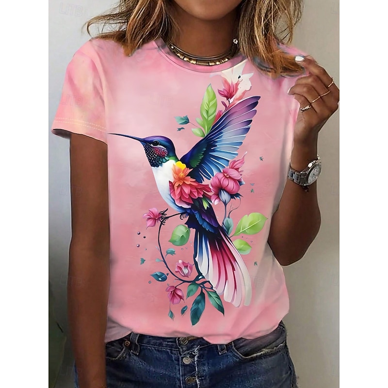 Women's T Shirt Floral Bird Casual Short Sleeve Round Neck Regular Tops Daily Print Pink Summer