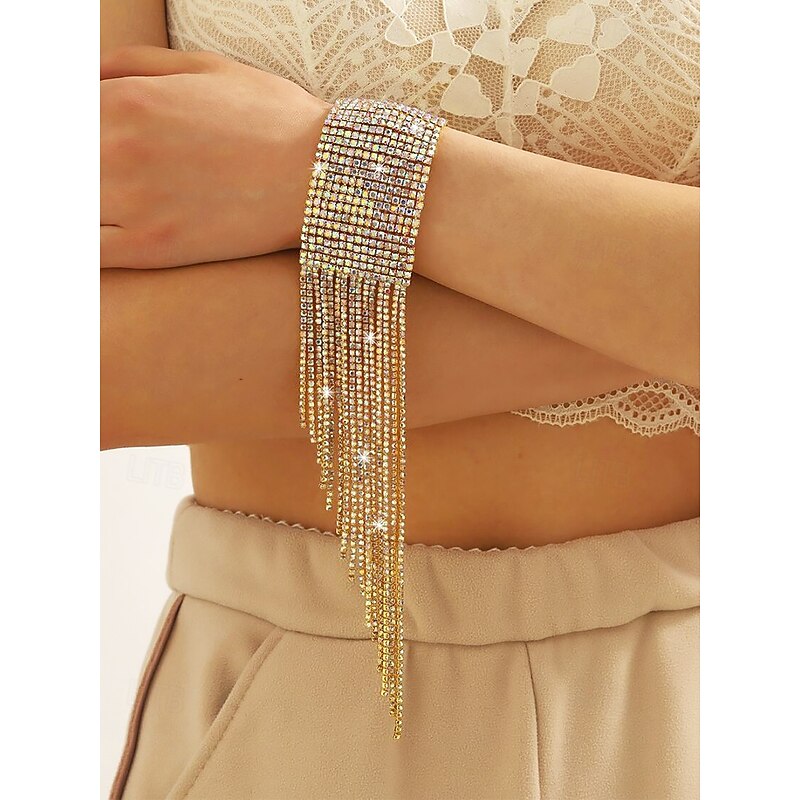 Women's Gold Rhinestone Bracelet with Tassel Design – Elegant Wedding Jewelry for Parties, Proms, and Formal Events