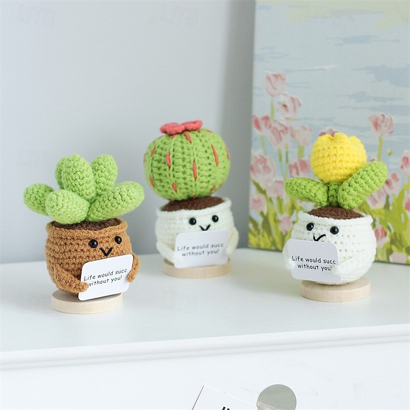 Crochet Positive Cactus Handmade Knitted Cactus Toy Cute Funny Potato Emotional Positive Life Doll Ornaments Gifts with Encouraging Card for Adults Kids Friends Room Office Desktop Decor2