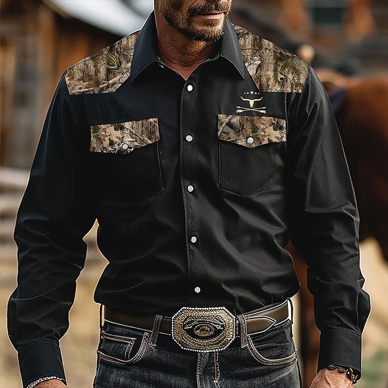 Men's Camouflage Western Shirt Long Sleeve Western Sports Outdoor Spring Fall Turndown Button Up 2 Pockets Black